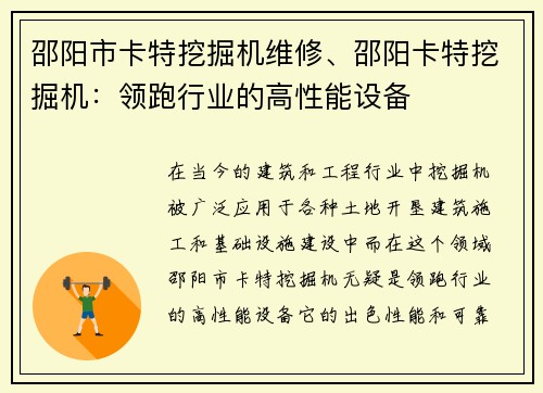 邵阳市卡特挖掘机维修、邵阳卡特挖掘机：领跑行业的高性能设备